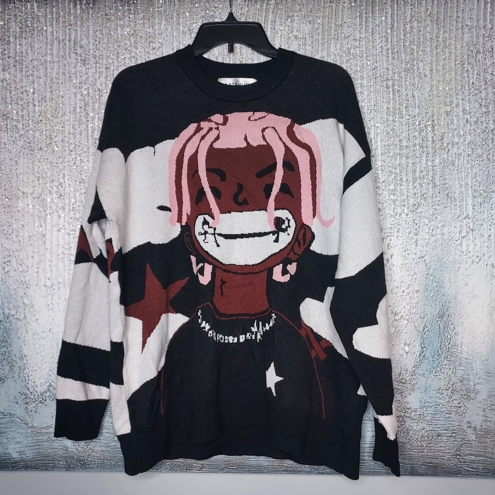 LATAHUO Crew Neck Anime Rapper Knit Sweater
